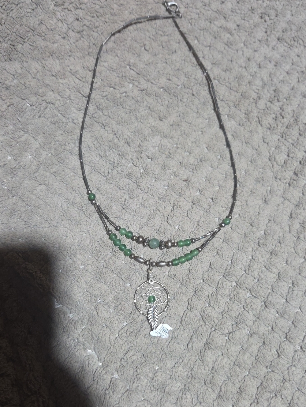 Silver Dreamcatcher Necklace with Green Beads